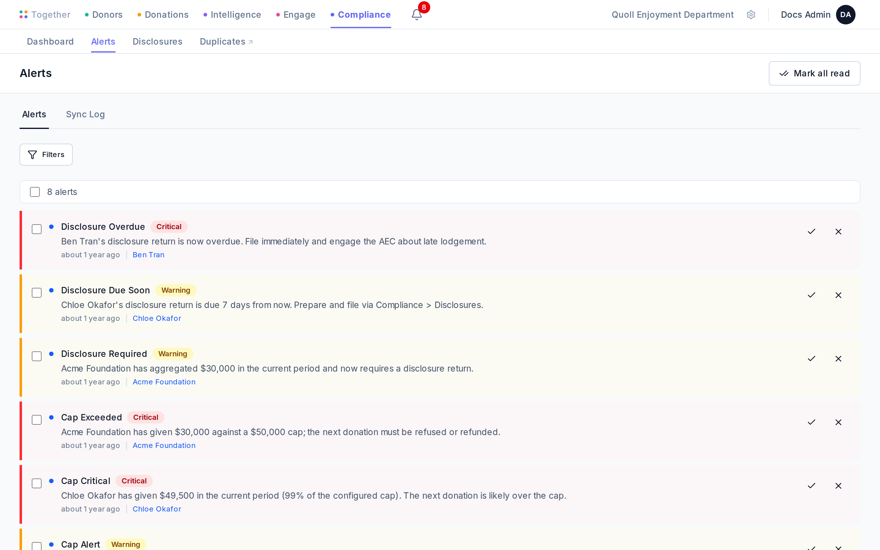 The compliance alerts queue with two unread alerts: a cap-band crossing and a disclosure trigger.