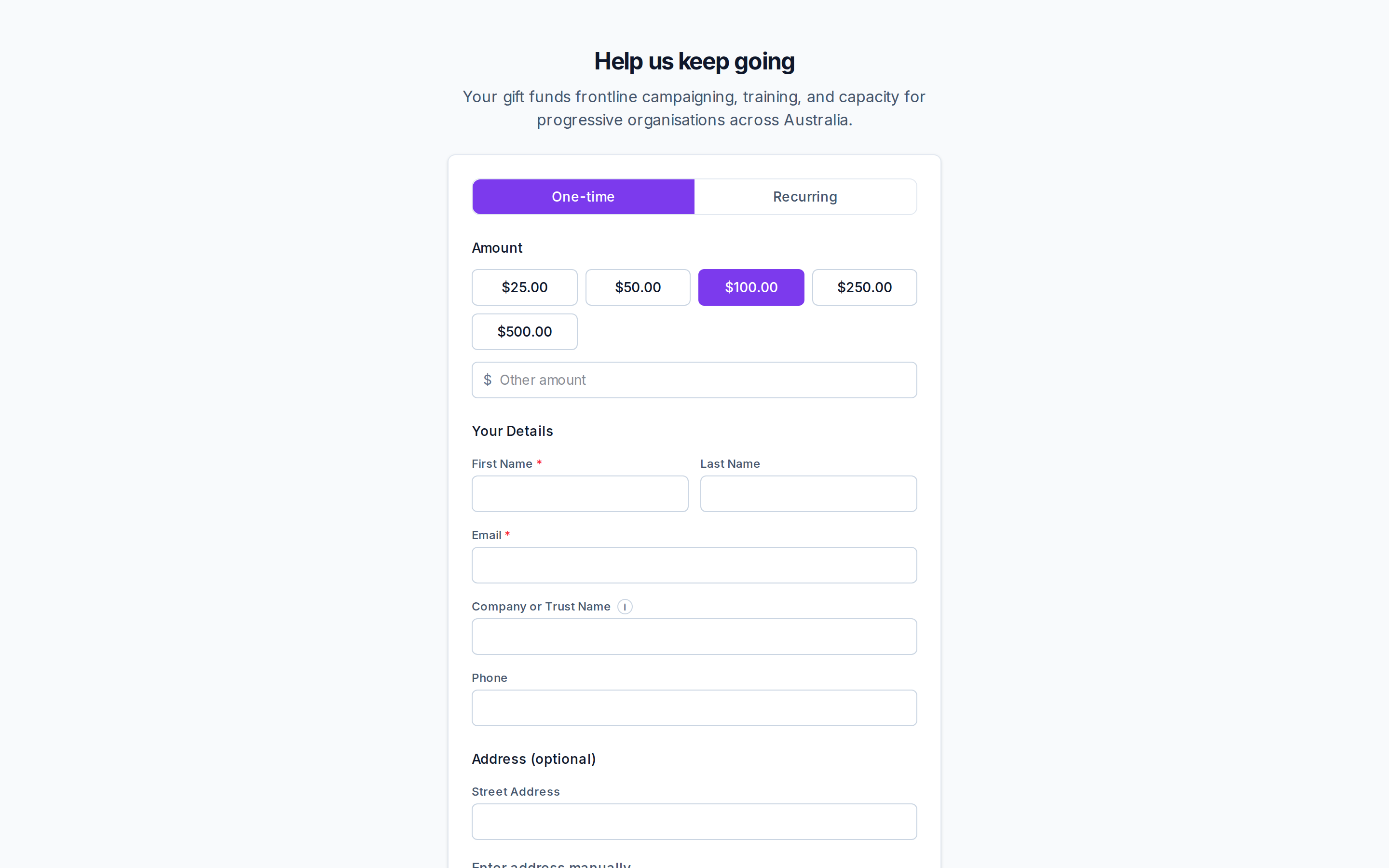 A donor's view of the published donation form: headline, a one-time / recurring toggle, suggested-amount buttons in the org's brand colour, donor detail fields, and an optional address field.