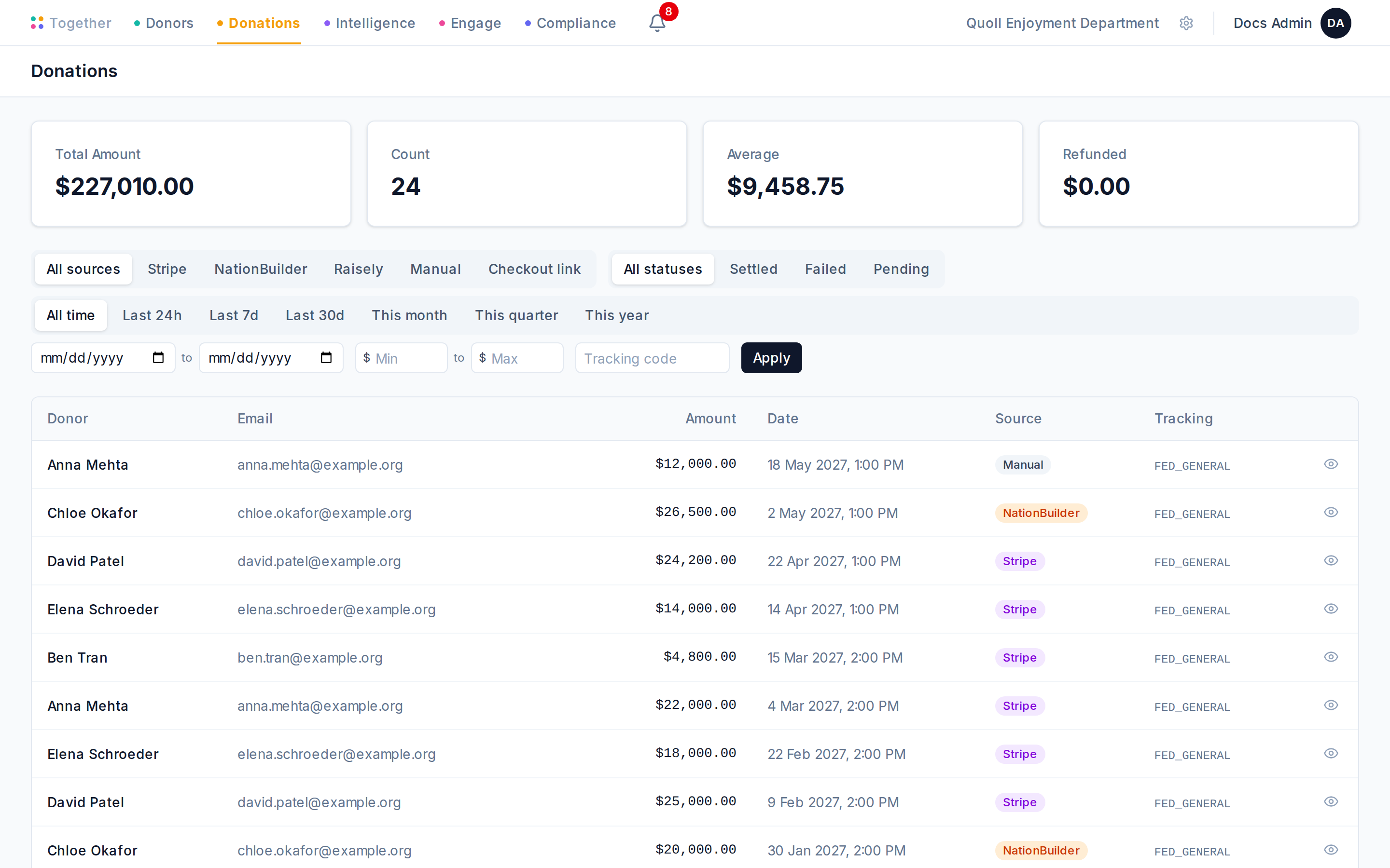 The Donations list page with combined source and status pills, a date-range segmented control, and a unified form for custom date, amount range, and tracking-code filters.