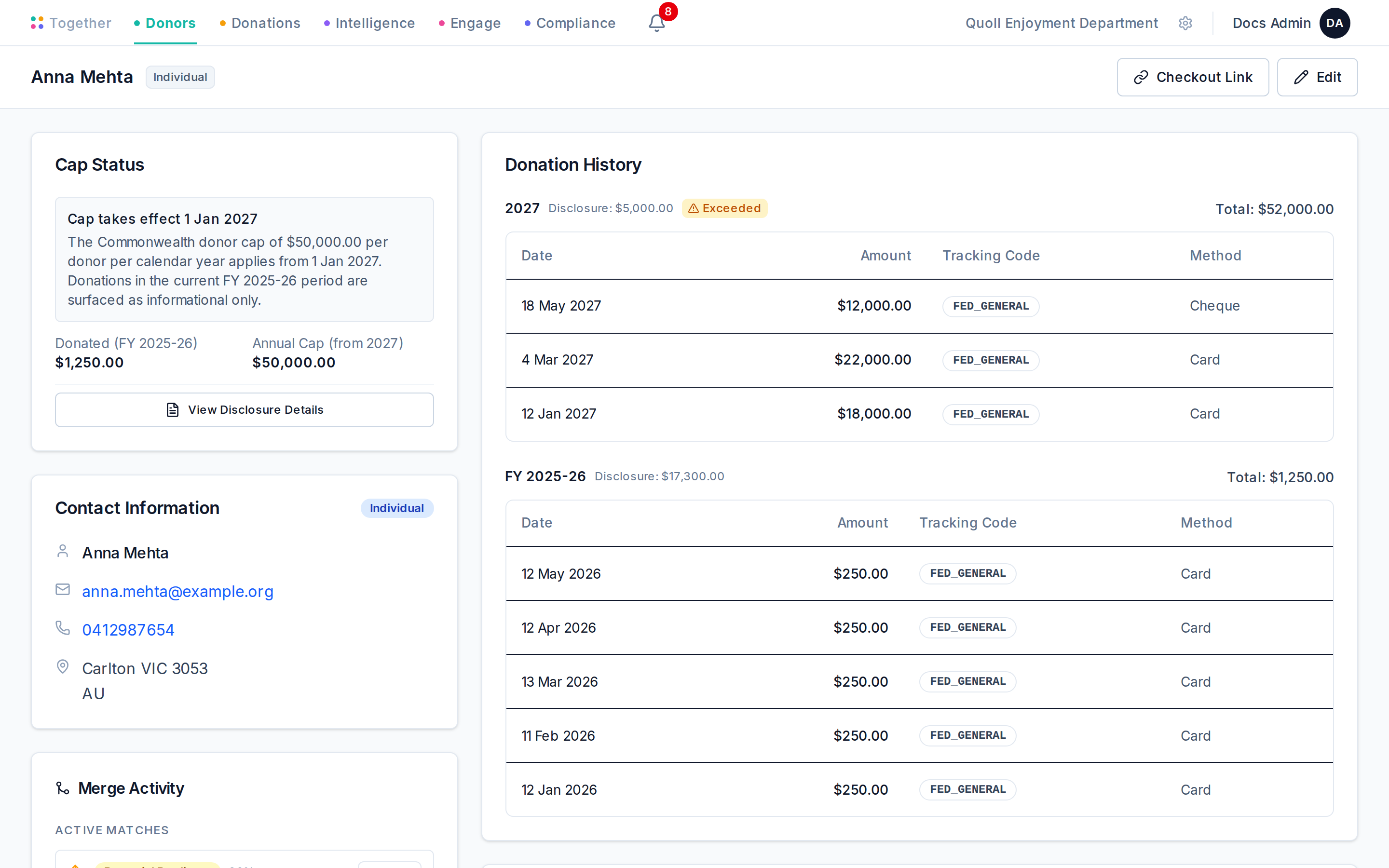 A donor's detail page showing their identity, total given, and full donation history with sources and amounts.