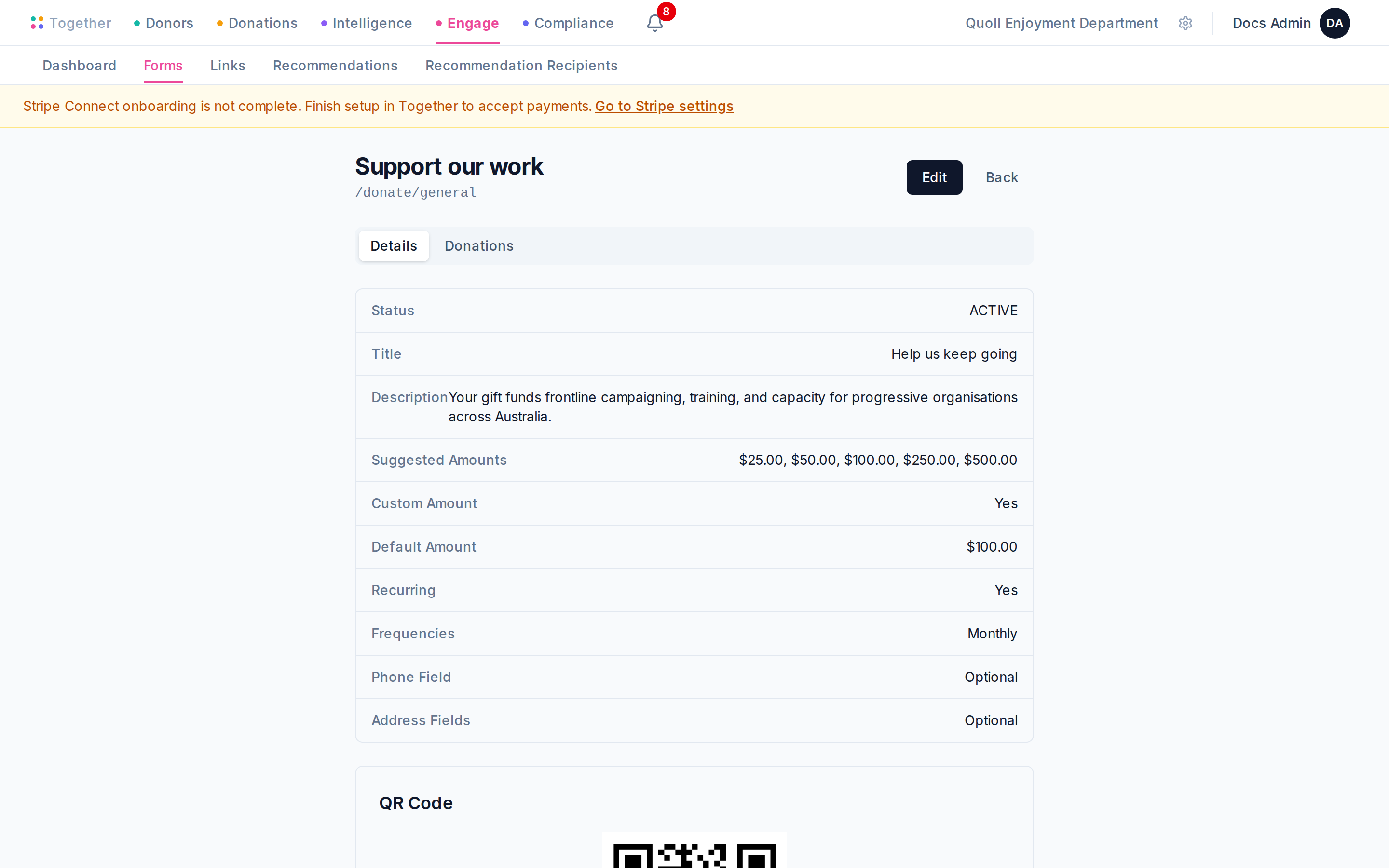 A published donation form's detail page with the public URL, status, totals, and the editable settings beneath.