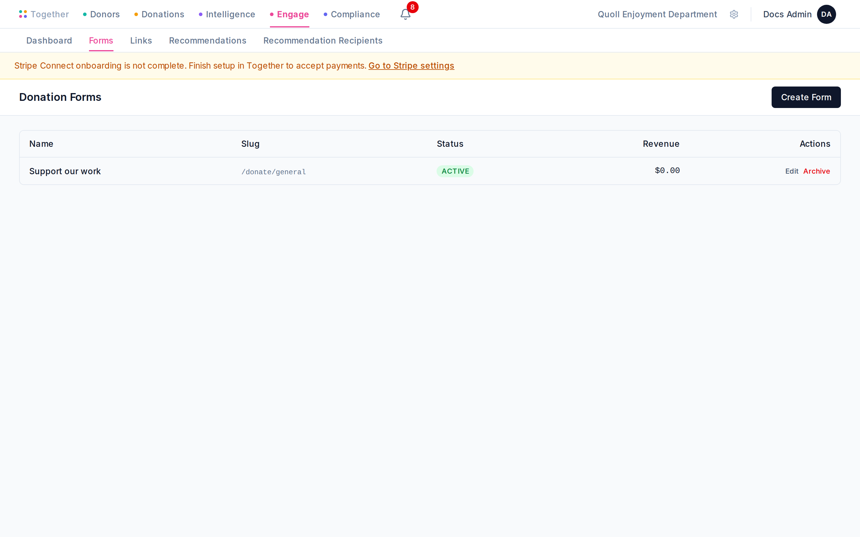 The Engage forms list page showing one donation form named "Support our work".