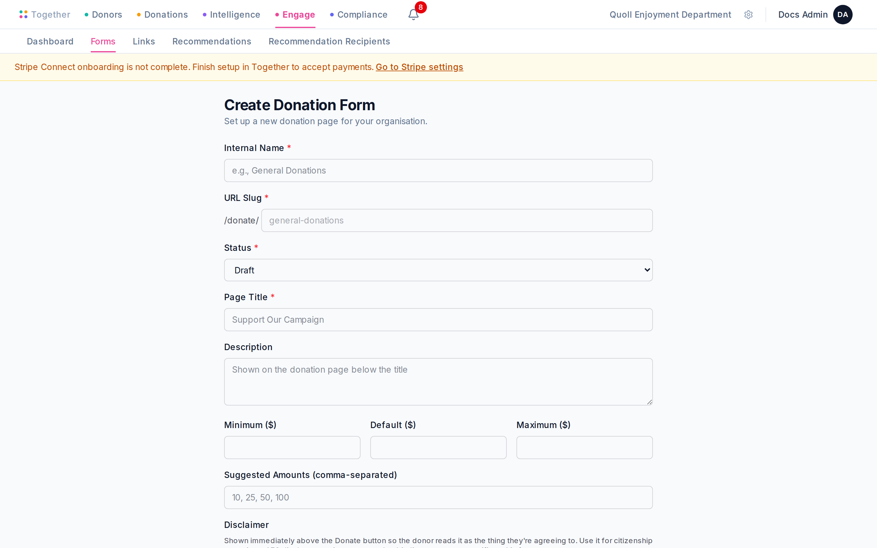 The donation form editor open in create mode, with empty fields for name, slug, title, and description.