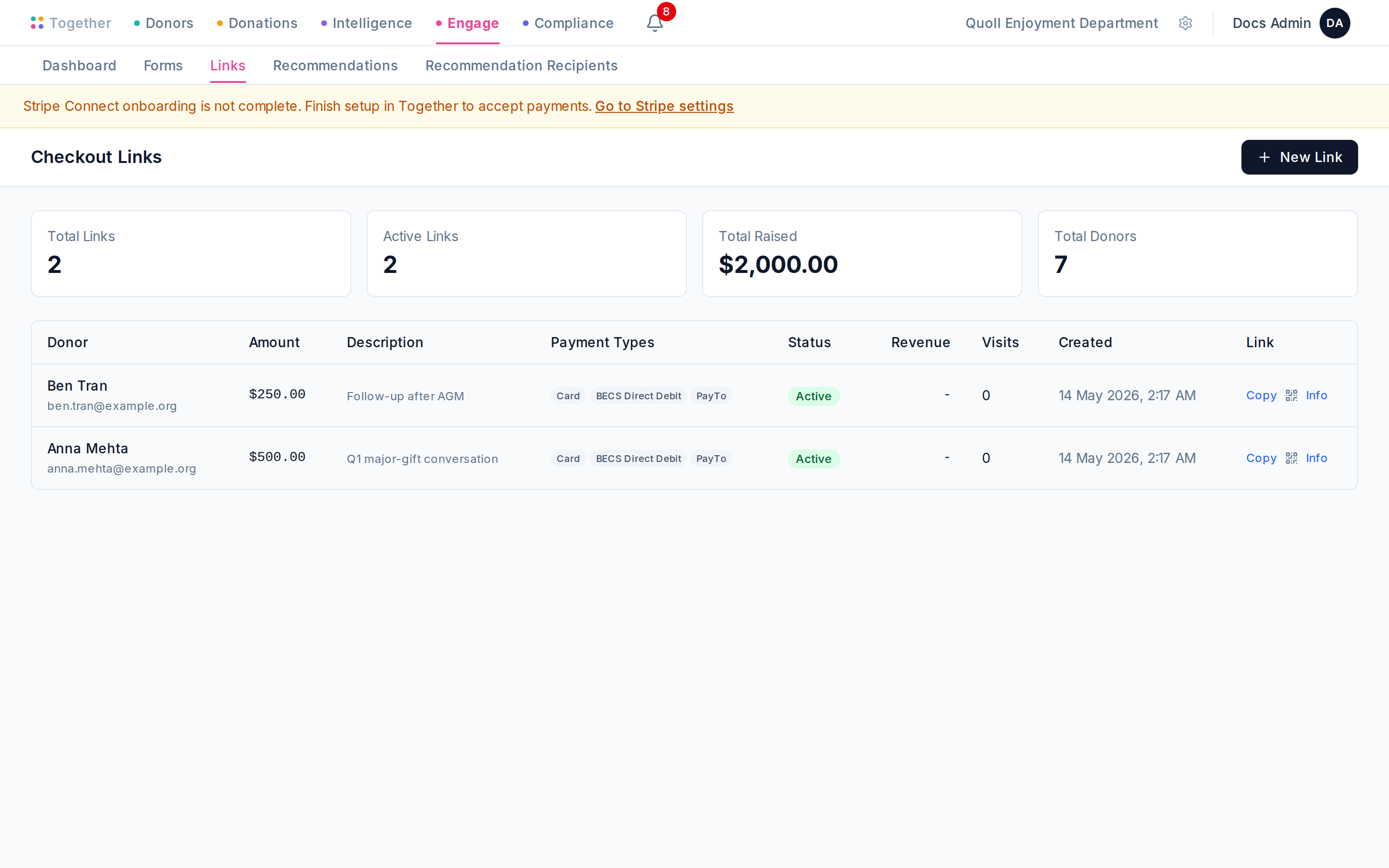 The Checkout Links list page with stats cards on top and a table of created links beneath.
