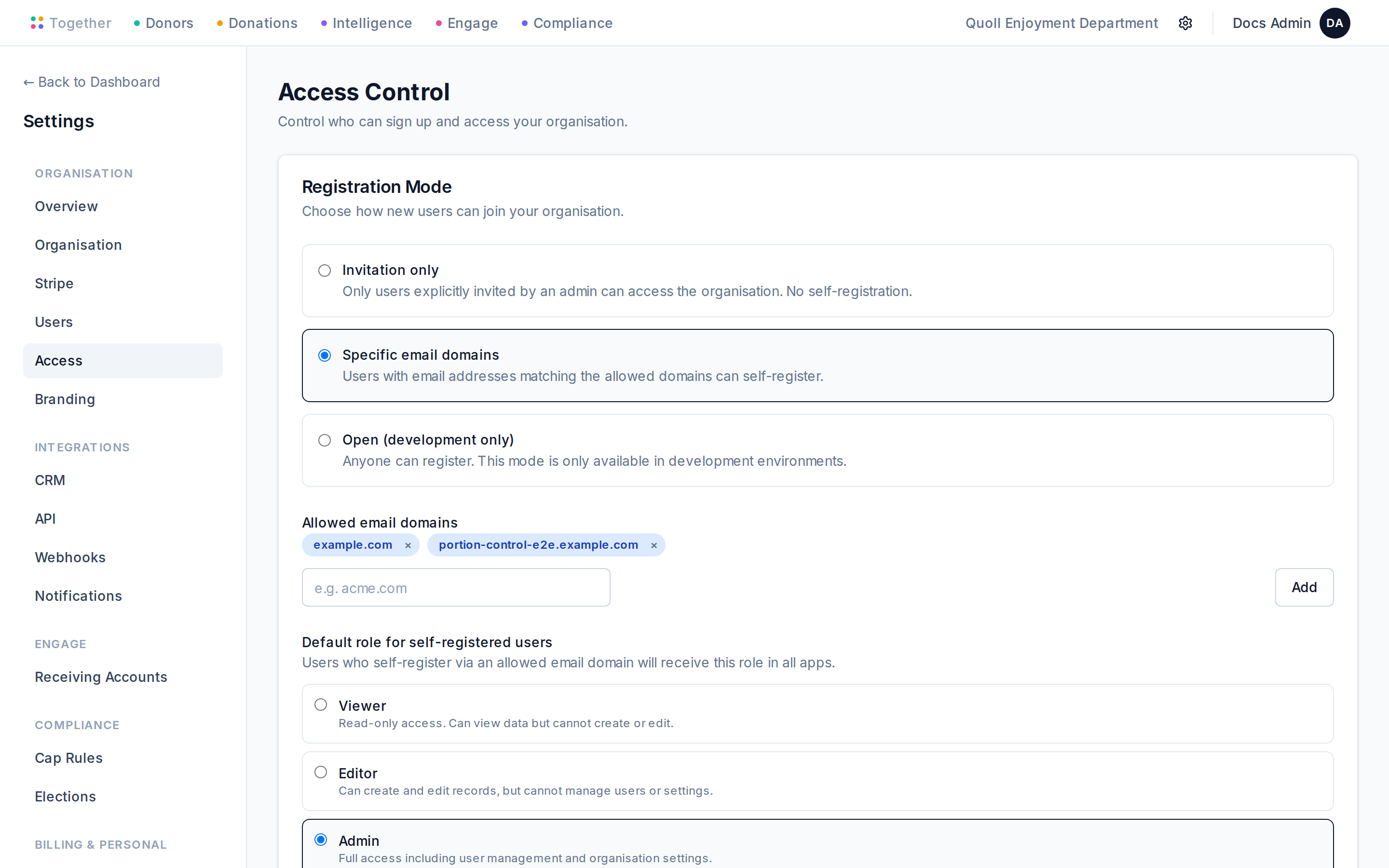 The Access Control settings page showing the chosen registration mode, allowed email domains, and default self-signup role.