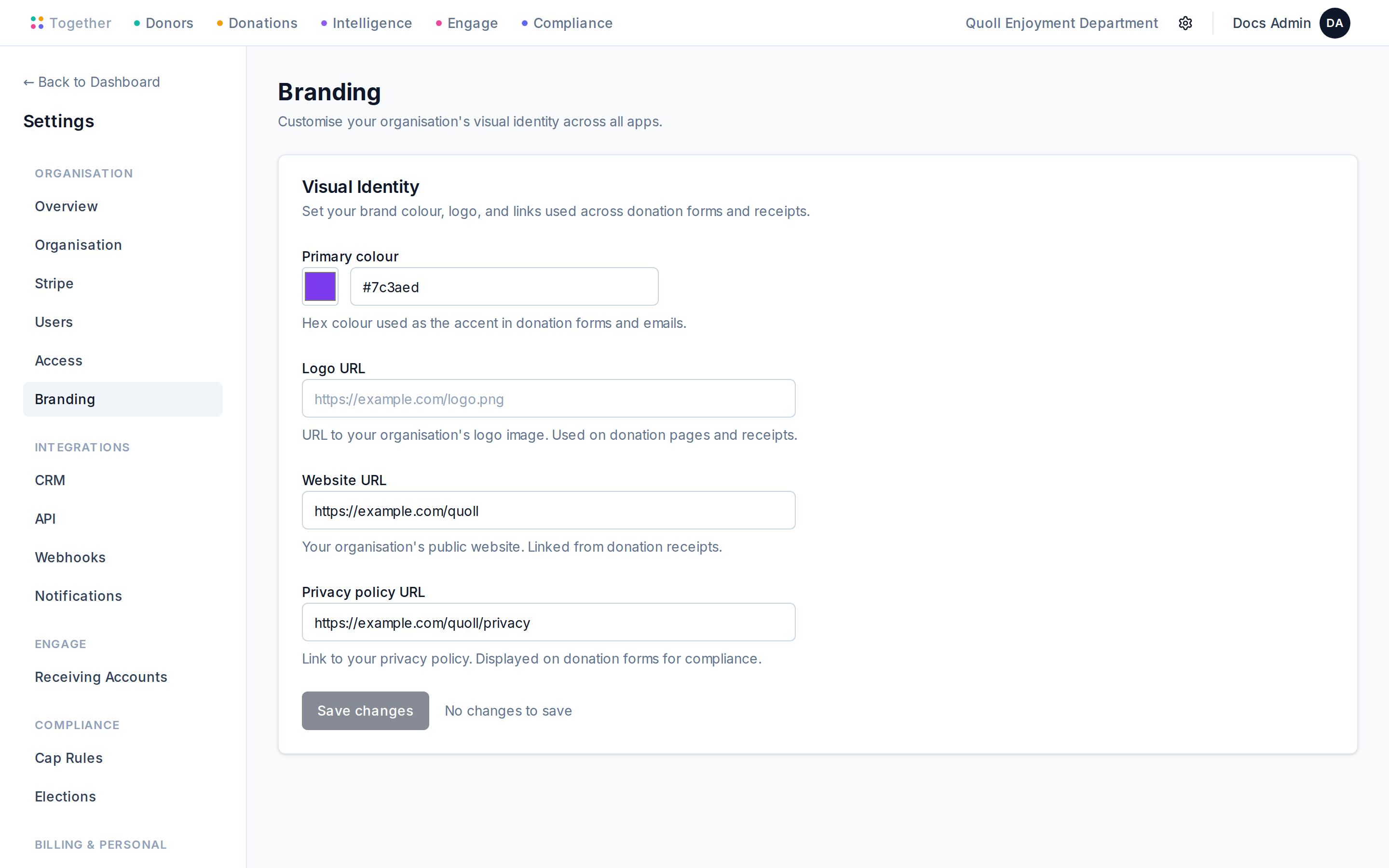 The Branding settings page with fields for primary colour, logo URL, organisation website, and privacy policy.