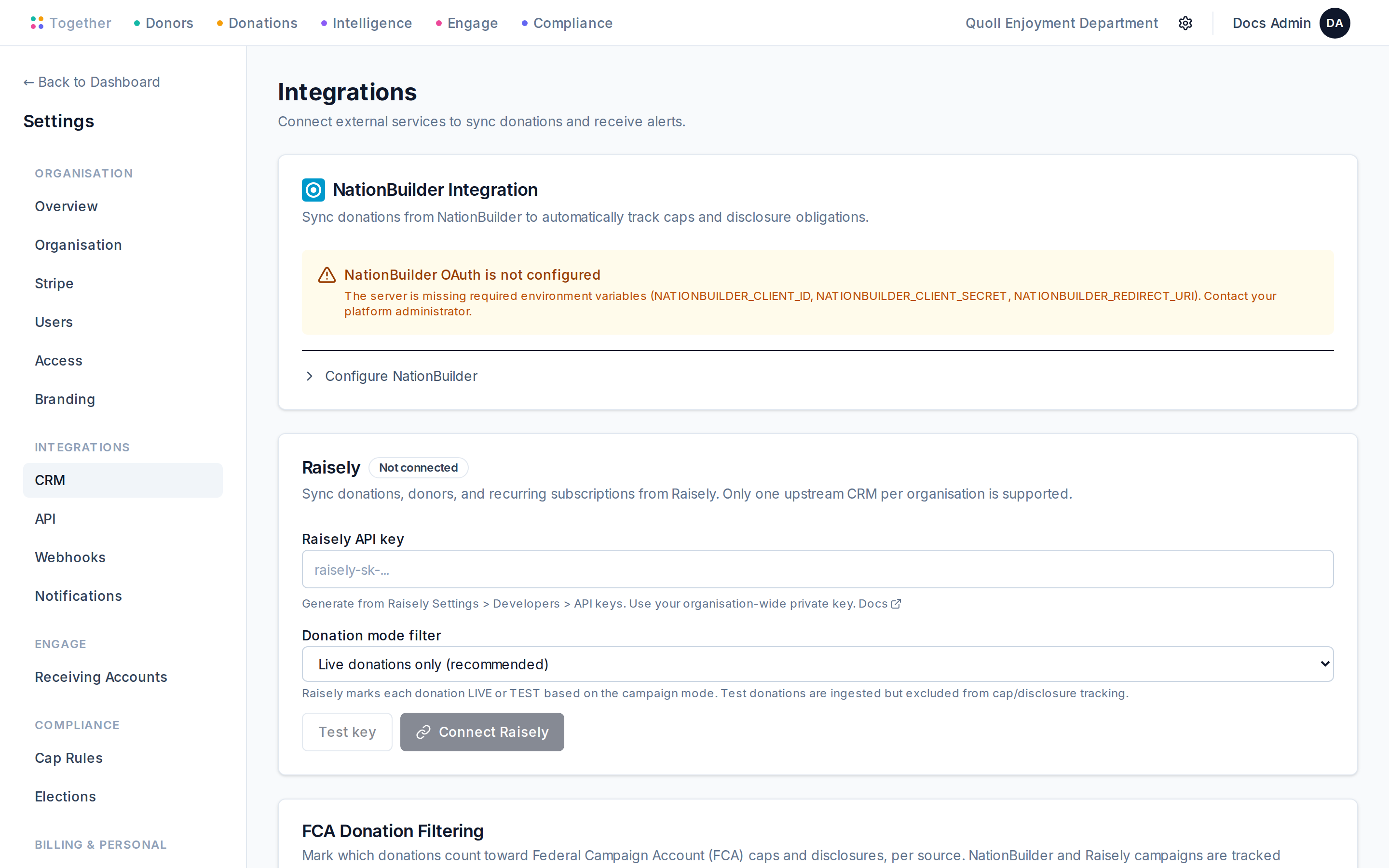 The Integrations settings page with fields for tracking codes used to classify fundraising sources.