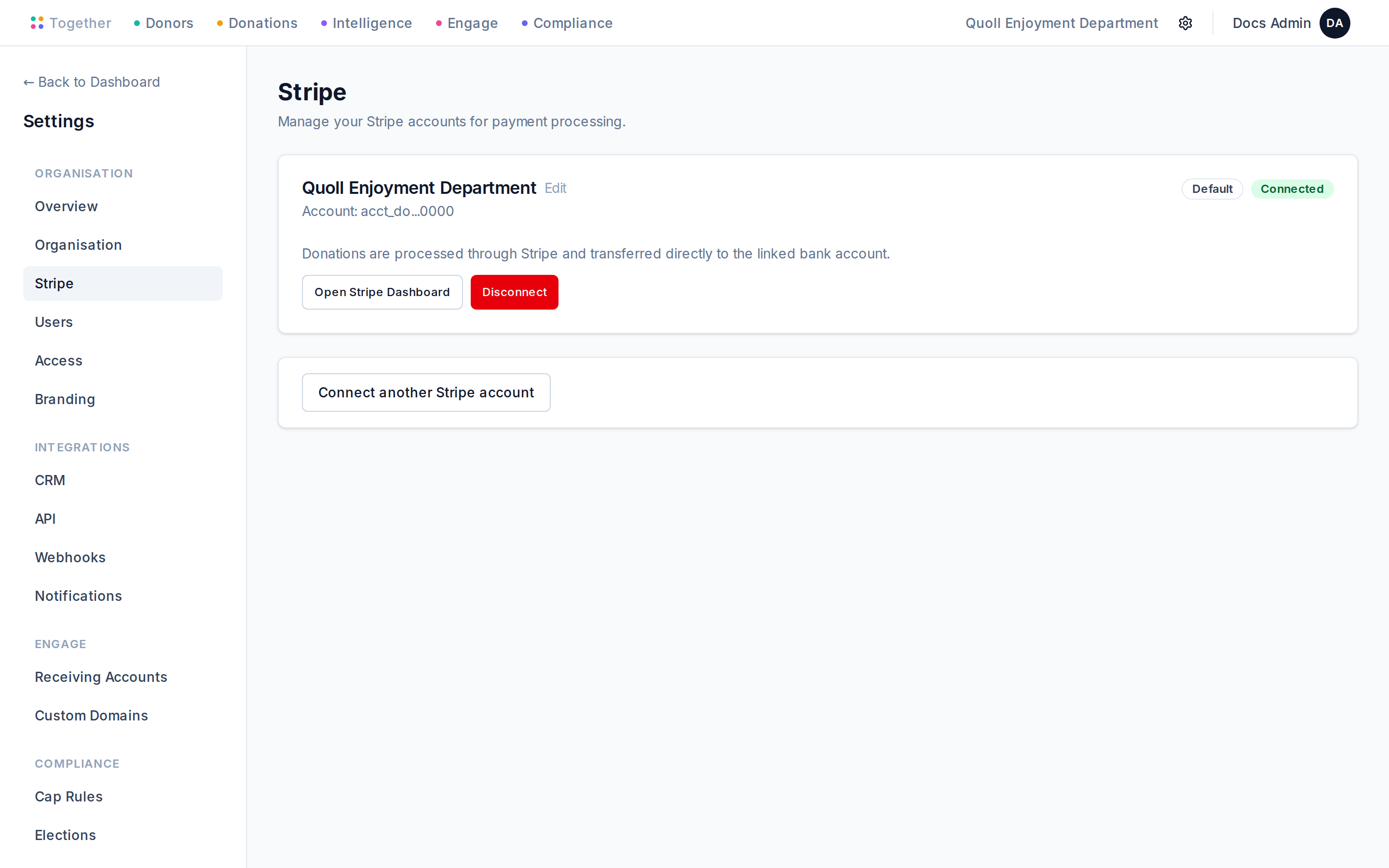 The Stripe Connect settings page showing the connection state for the organisation and a button to start onboarding.